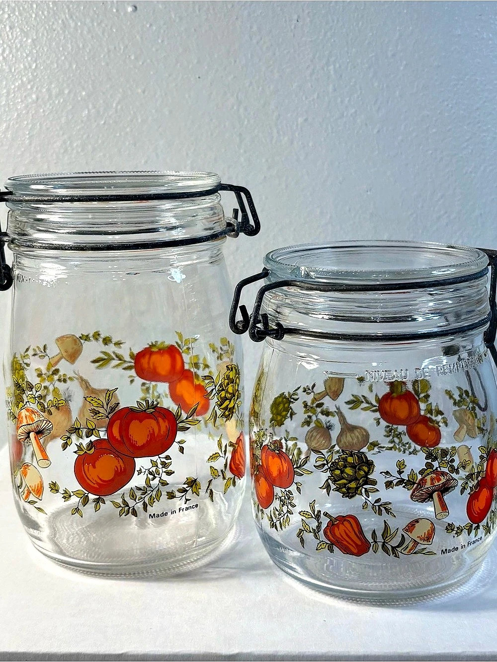 Vintage French Glass Storage Jars Set of 2 Clamp Lid Vegetable Mushroom 1970s